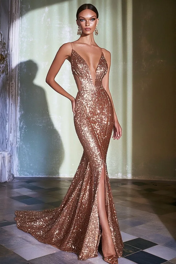 Rose Gold Sequins Mermaid Deep V-Neck Formal Dress sold by Zapaka