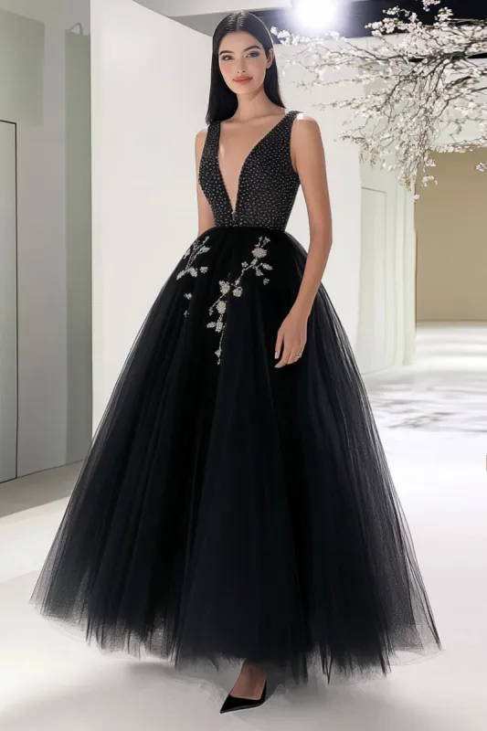 Black Tulle A Line Beaded V Neck Long Formal Dress sold by Zapaka