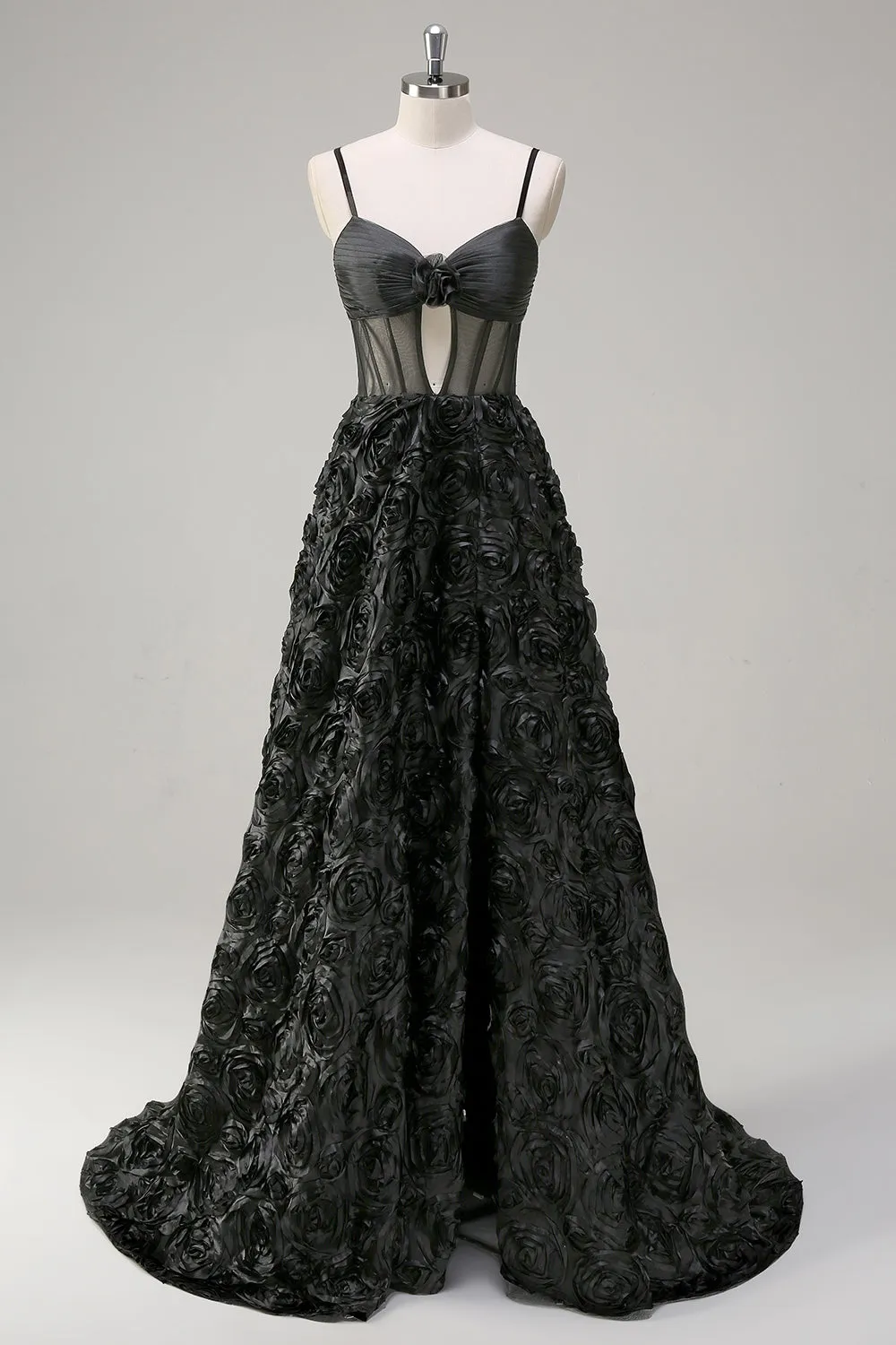 Elegant Black A Line 3D Floral Ball Gown with Sheer Corset sold by Zapaka