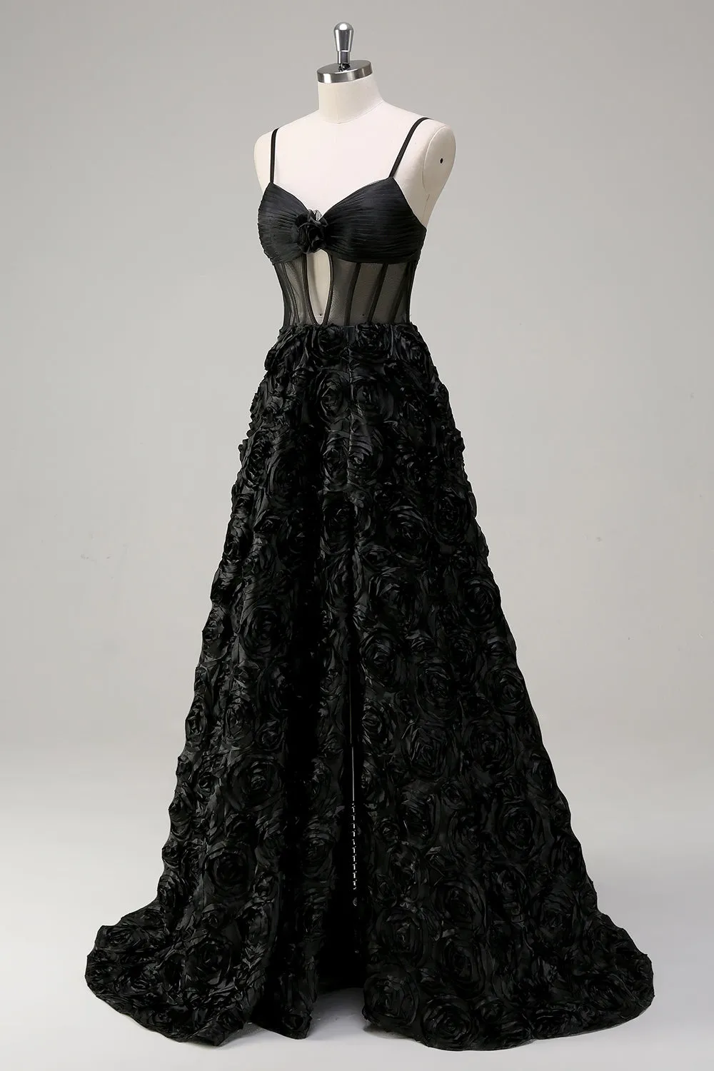 Elegant Black A Line 3D Floral Ball Gown with Sheer Corset sold by Zapaka product image thumbnail 3