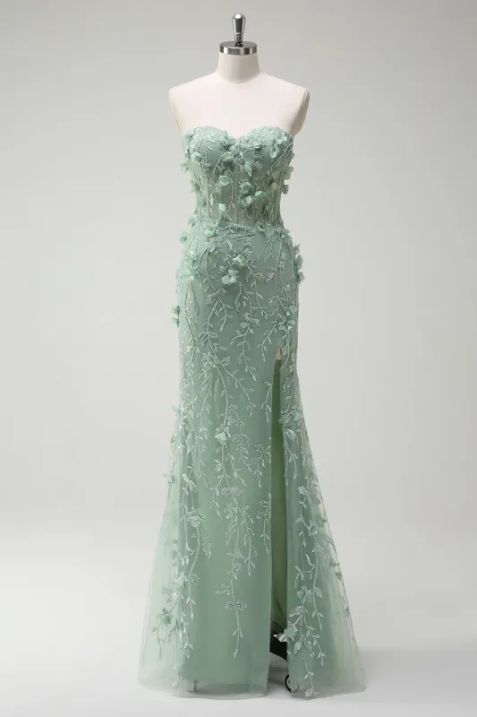 Sage Mermaid Sweetheart Floral Appliqued Long Prom Dress with Slit sold by Zapaka