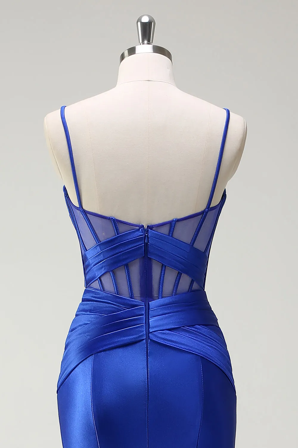 Royal Blue Mermaid Spaghetti Straps Satin Corset Long Prom Dress with Slit sold by Zapaka product image thumbnail 5