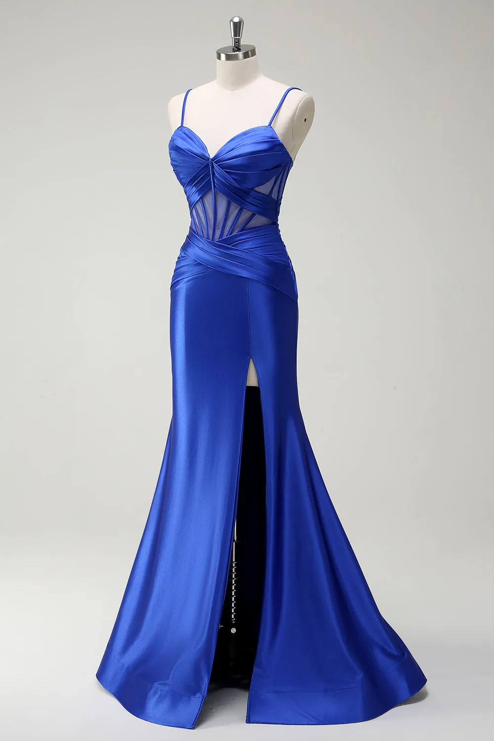 Royal Blue Mermaid Spaghetti Straps Satin Corset Long Prom Dress with Slit sold by Zapaka product image thumbnail 3