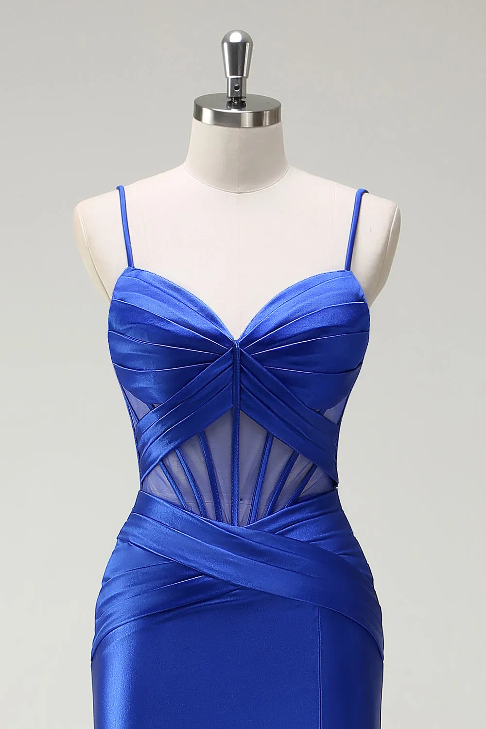 Royal Blue Mermaid Spaghetti Straps Satin Corset Long Prom Dress with Slit sold by Zapaka product image thumbnail 4