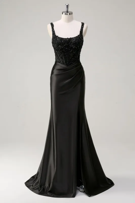 Black Sheath Spaghetti Straps Corset Beaded Long Prom Dress with Slit sold by Zapaka