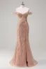 Sparkly Dusty Rose Mermaid Off the Shoulder Long Prom Dress with Slit sold by Zapaka