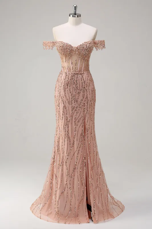 Sparkly Dusty Rose Mermaid Off the Shoulder Long Prom Dress with Slit sold by Zapaka