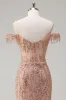 Sparkly Dusty Rose Mermaid Off the Shoulder Long Prom Dress with Slit sold by Zapaka