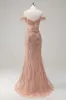 Sparkly Dusty Rose Mermaid Off the Shoulder Long Prom Dress with Slit sold by Zapaka