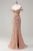 Sparkly Dusty Rose Mermaid Off the Shoulder Long Prom Dress with Slit sold by Zapaka