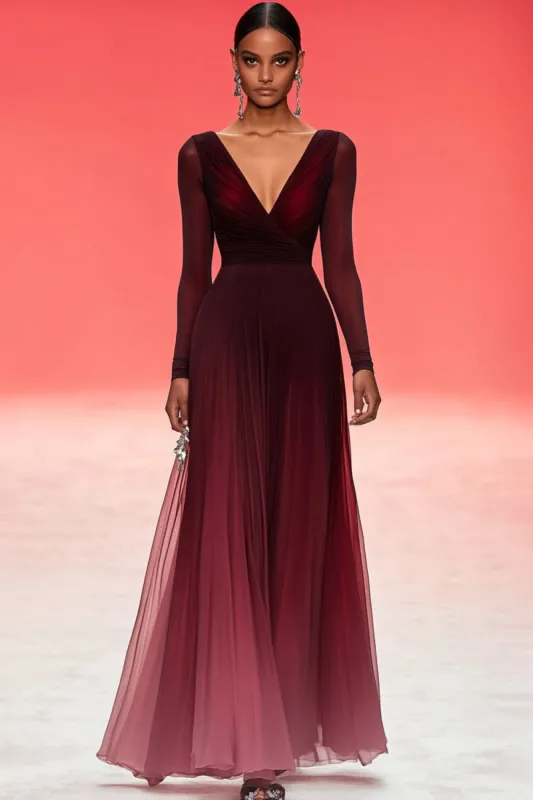 Elegant Ruched A Line V Neck Burgundy Military Ball Dress with Long Sleeves sold by Zapaka