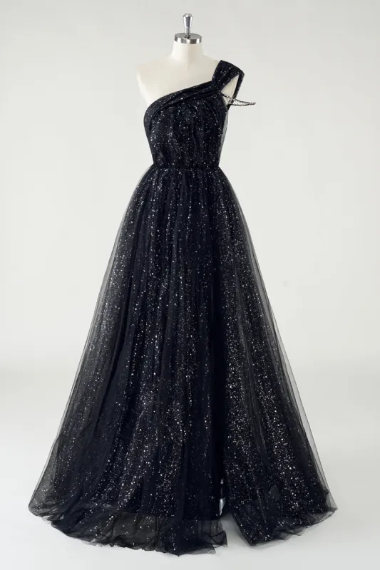 Sparkly Black Tulle A-Line One Shoulder Sequin Long Prom Dress with Slit sold by Zapaka