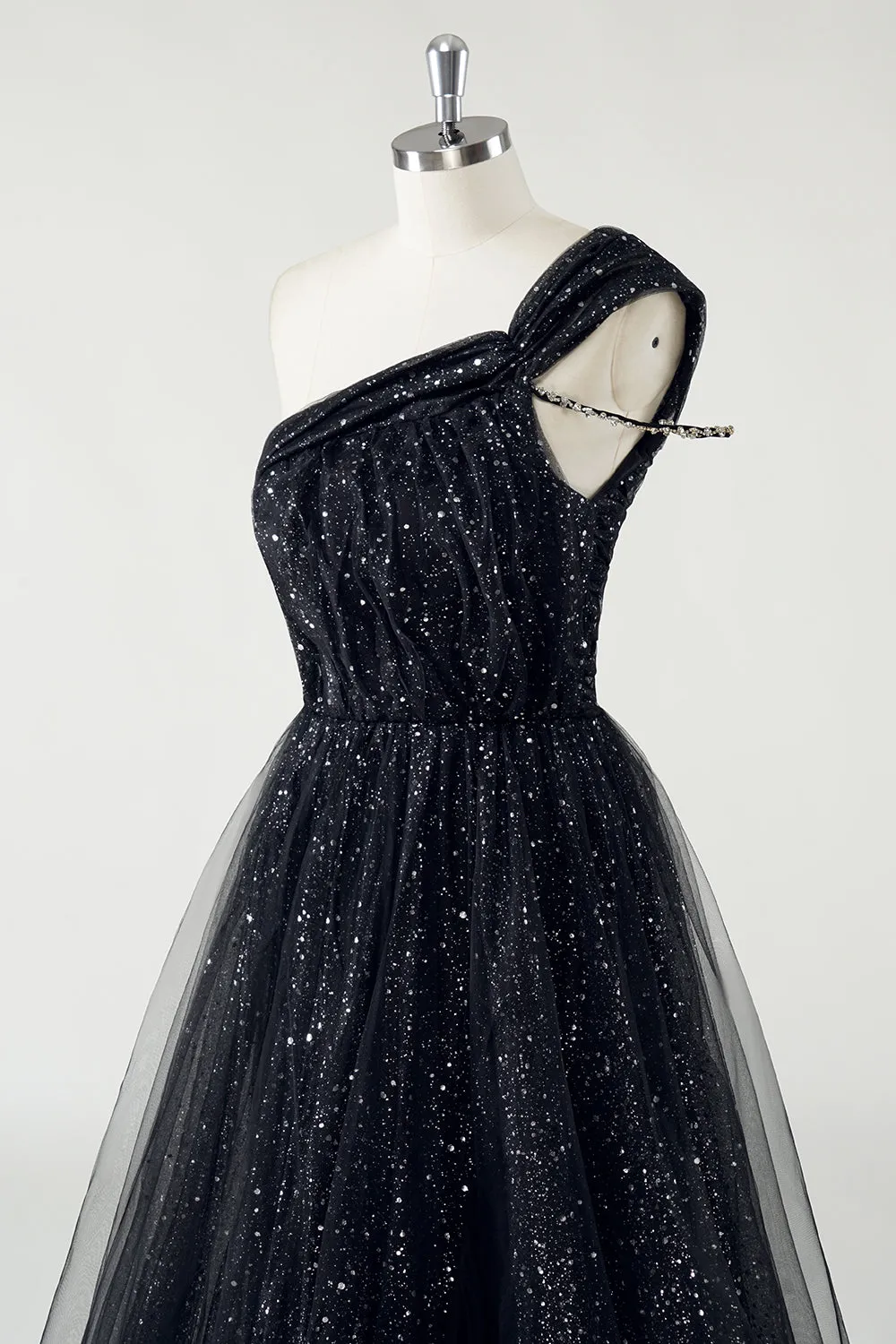 Sparkly Black Tulle A-Line One Shoulder Sequin Long Prom Dress with Slit sold by Zapaka product image thumbnail 5