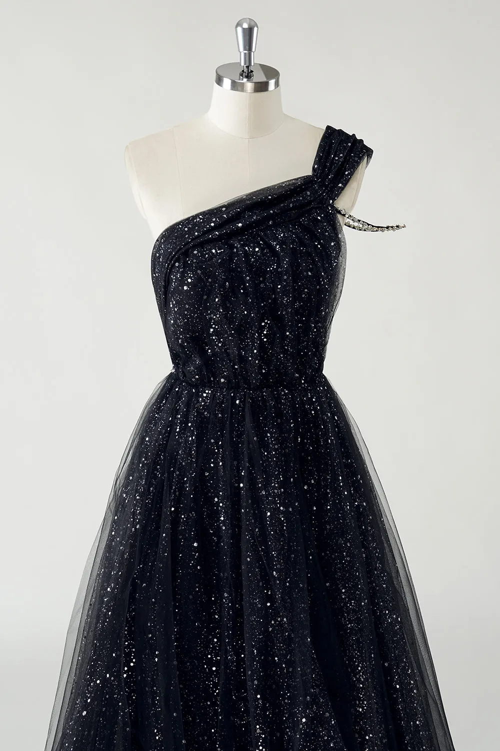 Sparkly Black Tulle A-Line One Shoulder Sequin Long Prom Dress with Slit sold by Zapaka product image thumbnail 4