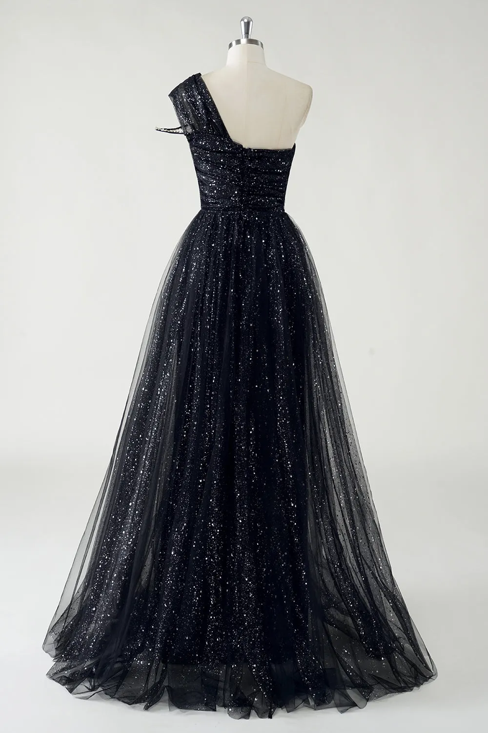 Sparkly Black Tulle A-Line One Shoulder Sequin Long Prom Dress with Slit sold by Zapaka product image thumbnail 2
