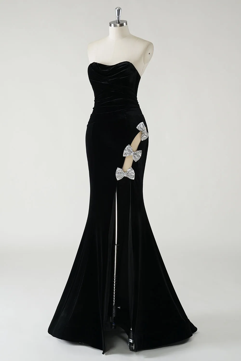 Black Strapless Velvet Sparkly Bows Long Formal Dress With High Slit (Not Gloves) sold by Zapaka product image thumbnail 3