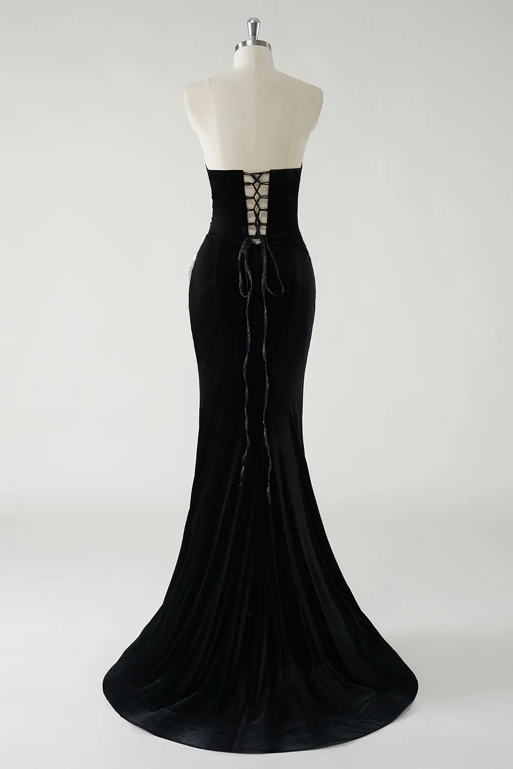 Black Strapless Velvet Sparkly Bows Long Formal Dress With High Slit (Not Gloves) sold by Zapaka product image thumbnail 2