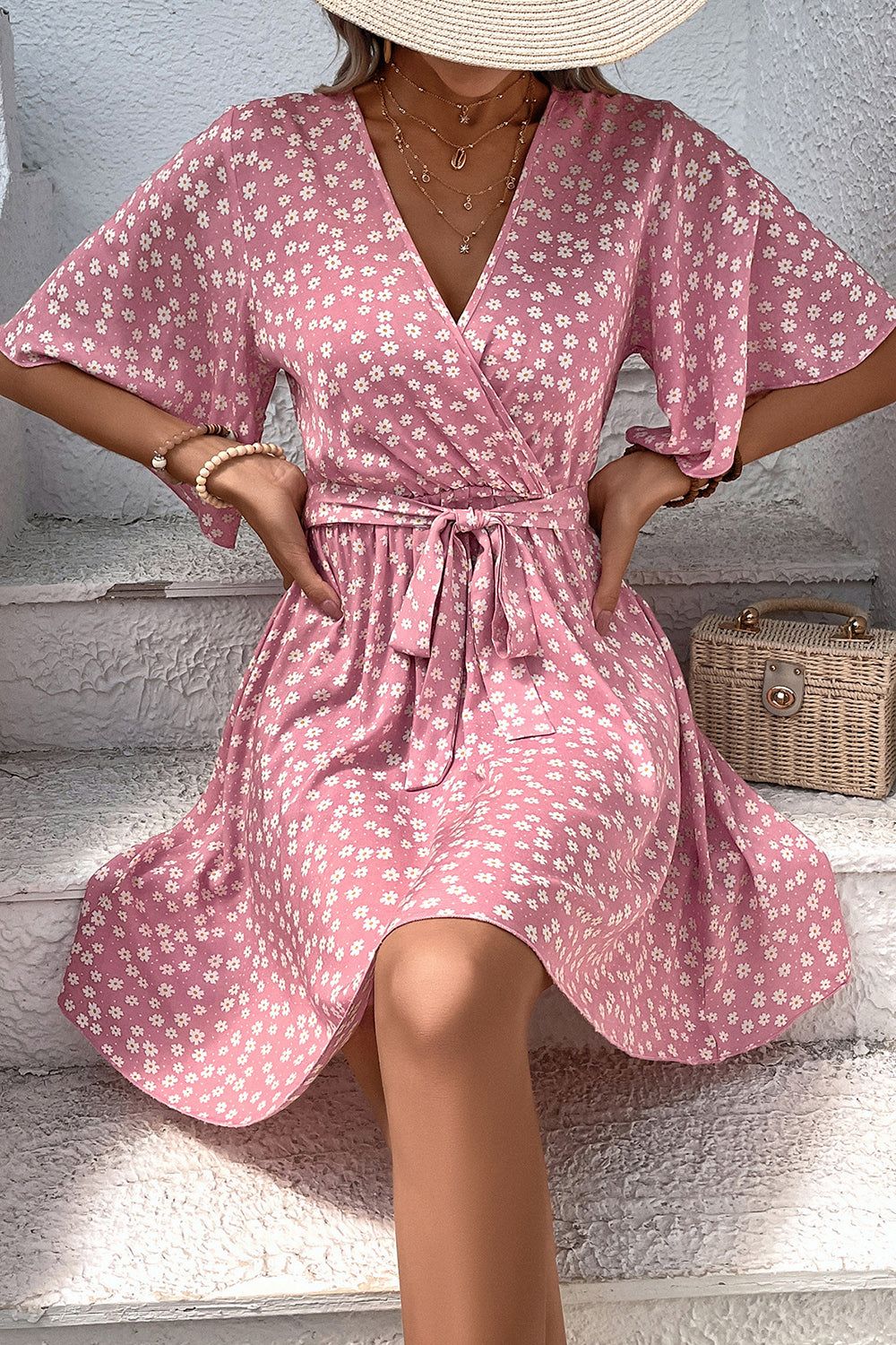 Blush Floral Printed Mid Sleeves Wrap Short Summer Dress sold by Zapaka product image thumbnail 4
