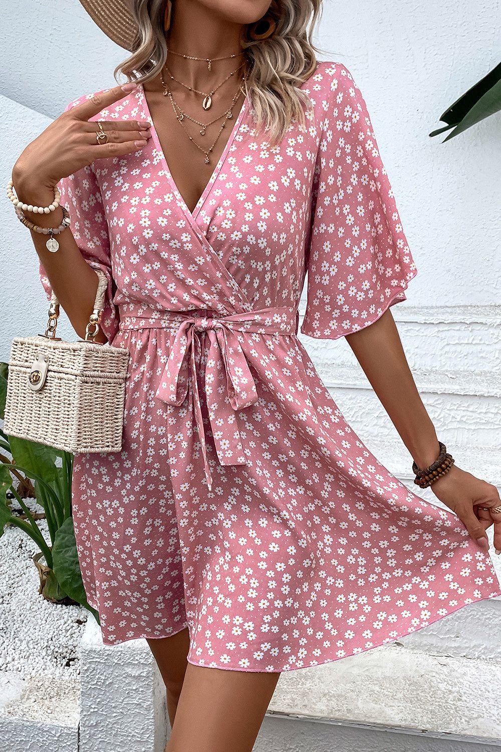 Blush Floral Printed Mid Sleeves Wrap Short Summer Dress sold by Zapaka