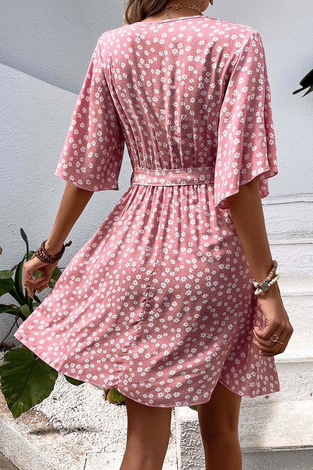 Blush Floral Printed Mid Sleeves Wrap Short Summer Dress sold by Zapaka product image thumbnail 2