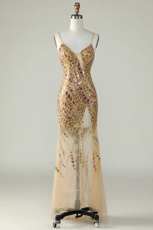 Bling Mermaid Spaghetti Straps Golden Sequins Long Prom Dress with Split Front sold by Zapaka