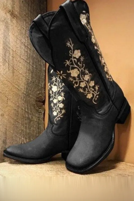 Black Embroidered Chunky Heel Mid Calf Western Boots sold by Zapaka