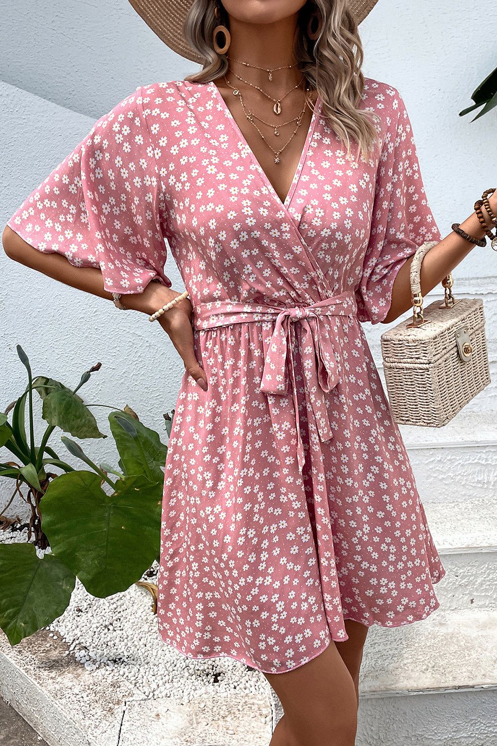 Blush Floral Printed Mid Sleeves Wrap Short Summer Dress sold by Zapaka product image thumbnail 3