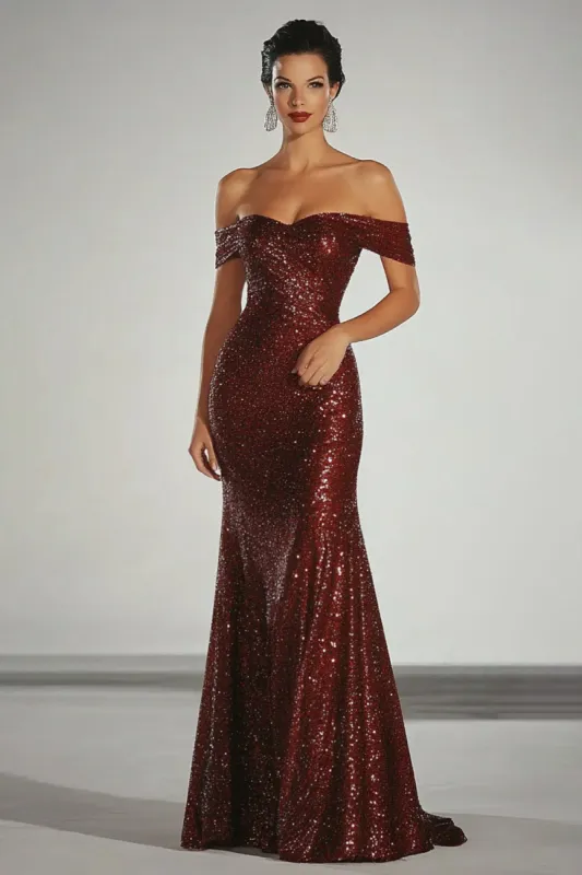 Sparkly Burgundy Off the Shoulder Sheath Gala Dress with Back Zipper sold by Zapaka