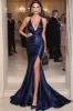 Navy Mermaid Ruched V Neck Gala Dress with Slit sold by Zapaka