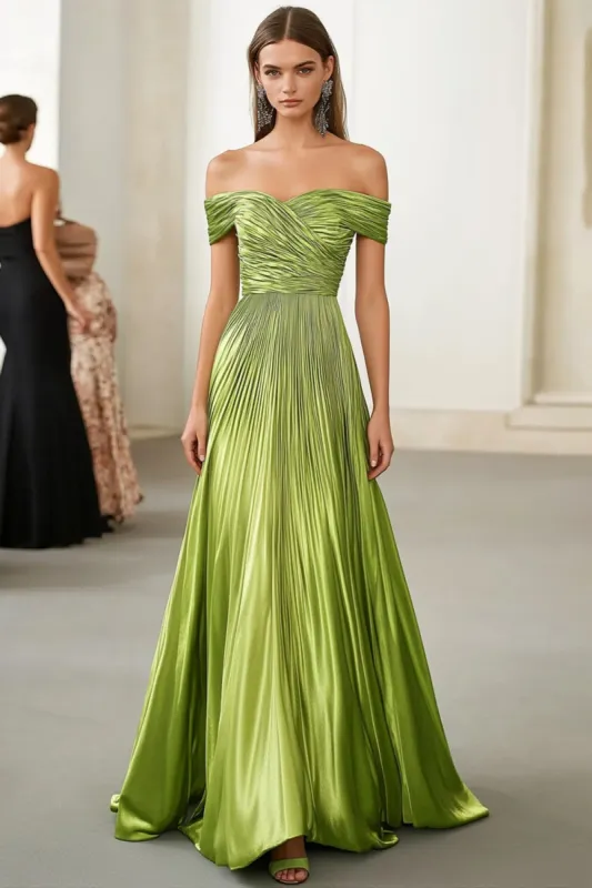Metallic Satin Off the Shoulder Green A Line Pleated Military Ball Dress sold by Zapaka