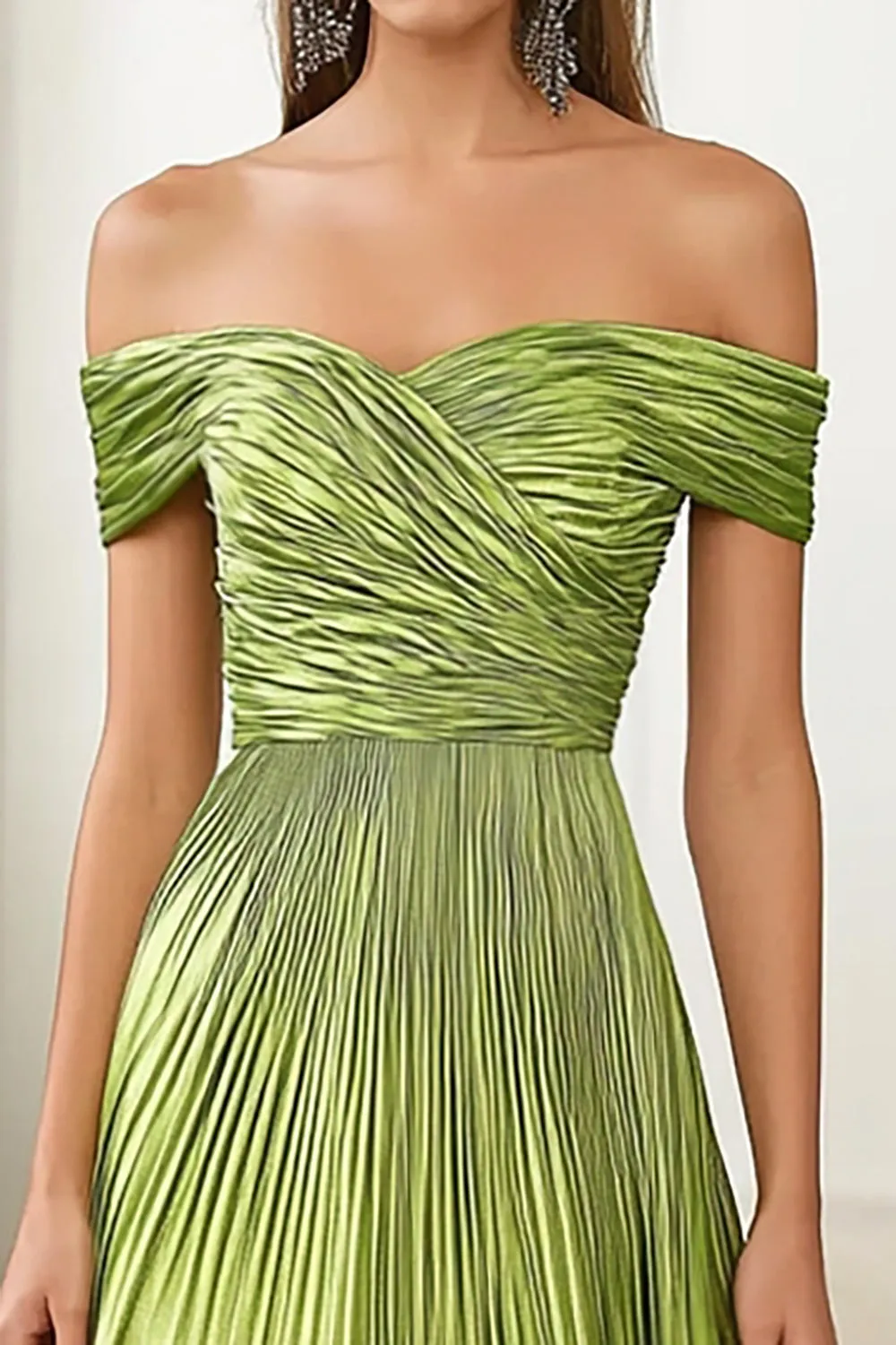 Metallic Satin Off the Shoulder Green A Line Pleated Military Ball Dress sold by Zapaka product image thumbnail 2