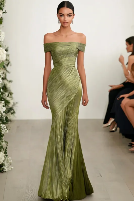 Metallic Satin Green Off The Shoulder Sheath Red Carpet Dress sold by Zapaka