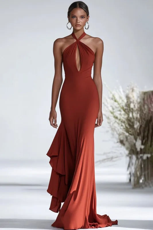 Halter Terracotta Chiffon Ruffles Sheath Red Gala Dress sold by Zapaka