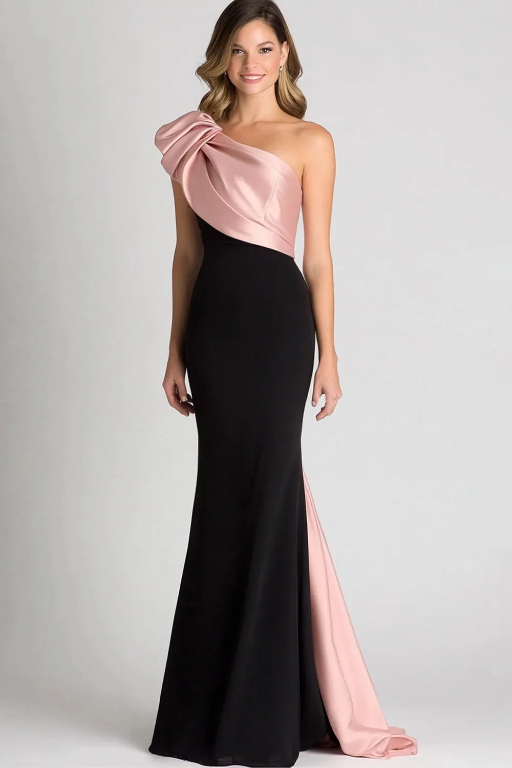 Elegant Black&Blush Ruched One Shoulder Sheath Satin Gala Dress sold by Zapaka