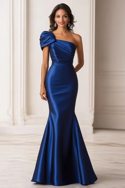 Dark Blue Mermaid Satin One Shoulder Military Ball Dress sold by Zapaka