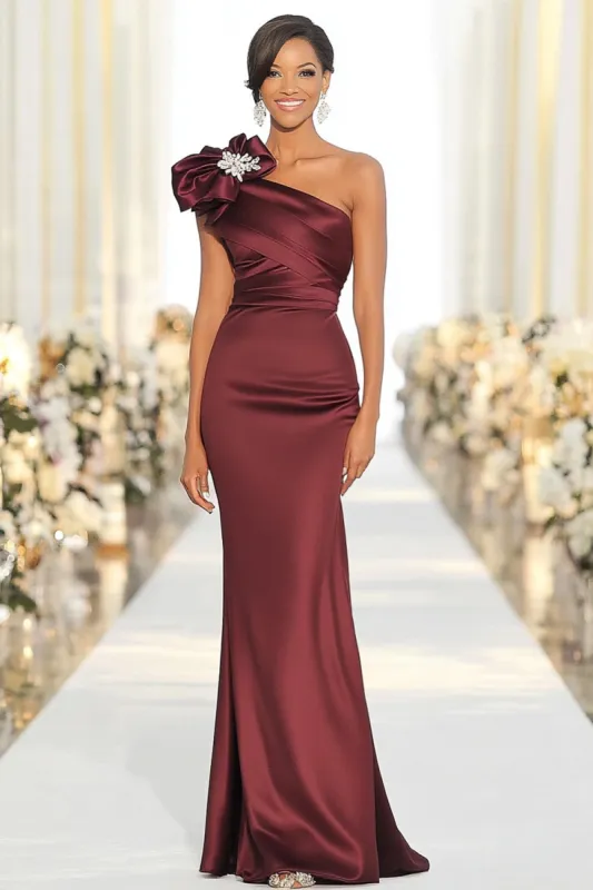 Burgundy One Shoulder Sheath Satin Military Ball Dress sold by Zapaka