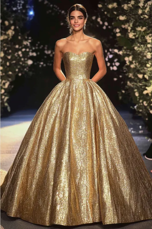 A Line Metallic Satin Gold Strapless Red Carpet Dress sold by Zapaka