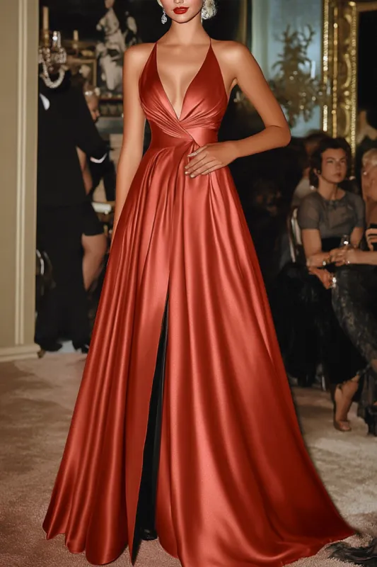 Terracotta Spaghetti Straps A-Line Satin Long Military Ball Dress with Slit sold by Zapaka