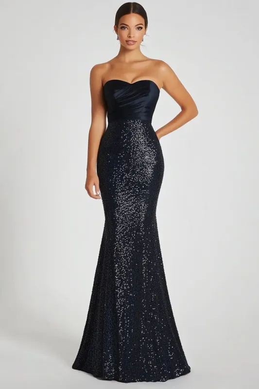 Sparkly Black Sequins Mermaid Strapless Long Military Ball Dress sold by Zapaka