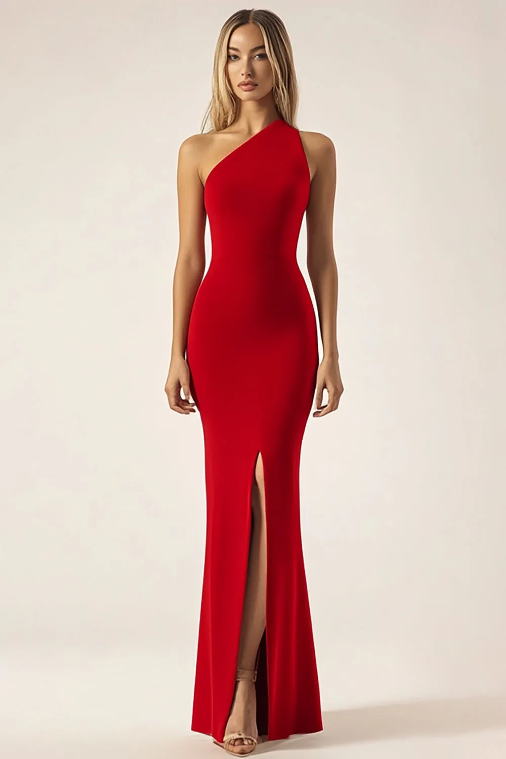 Red One Shoulder Mermaid Satin Long Military Ball Dress with Slit sold by Zapaka