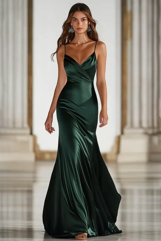 Dark Green Spaghetti Straps Mermaid Satin Long Military Ball Dress sold by Zapaka