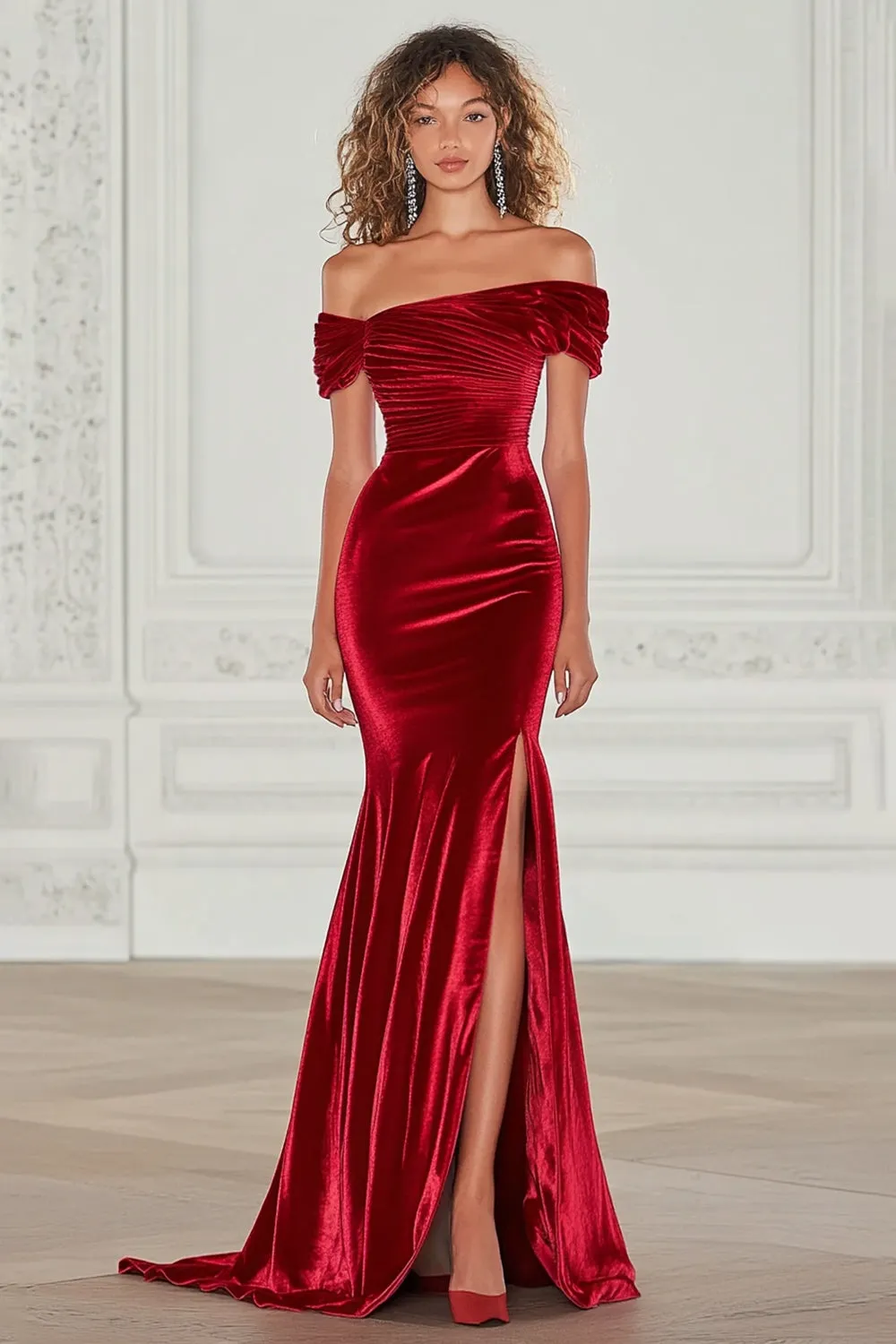Burgundy Off the Shoulder Mermaid Velvet Military Ball Dress with Slit sold by Zapaka