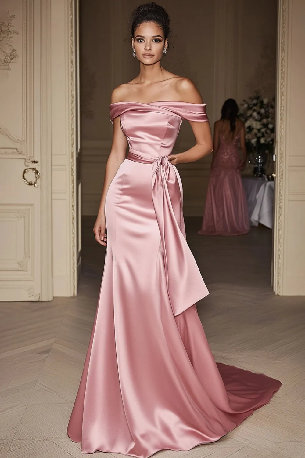 Blush Off the Shoulder Mermaid Satin Long Military Ball Dress sold by Zapaka