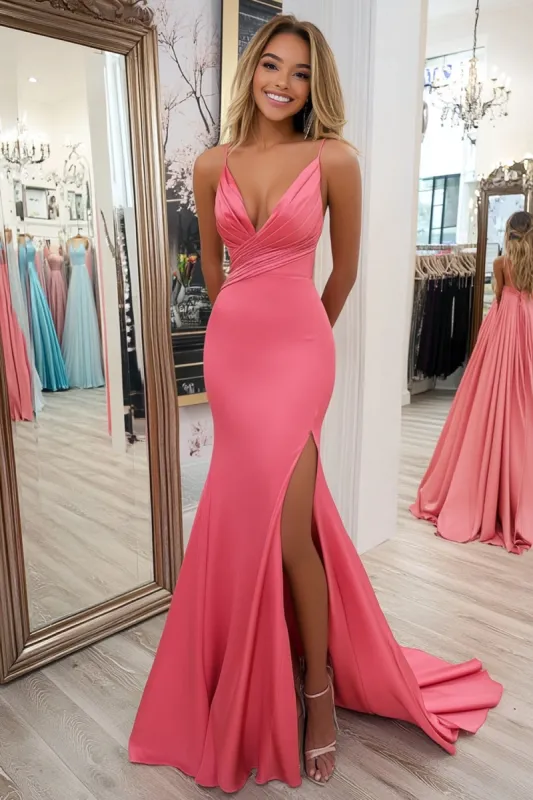 Simple Coral Mermaid Spaghetti Straps Long Prom Dress sold by Zapaka