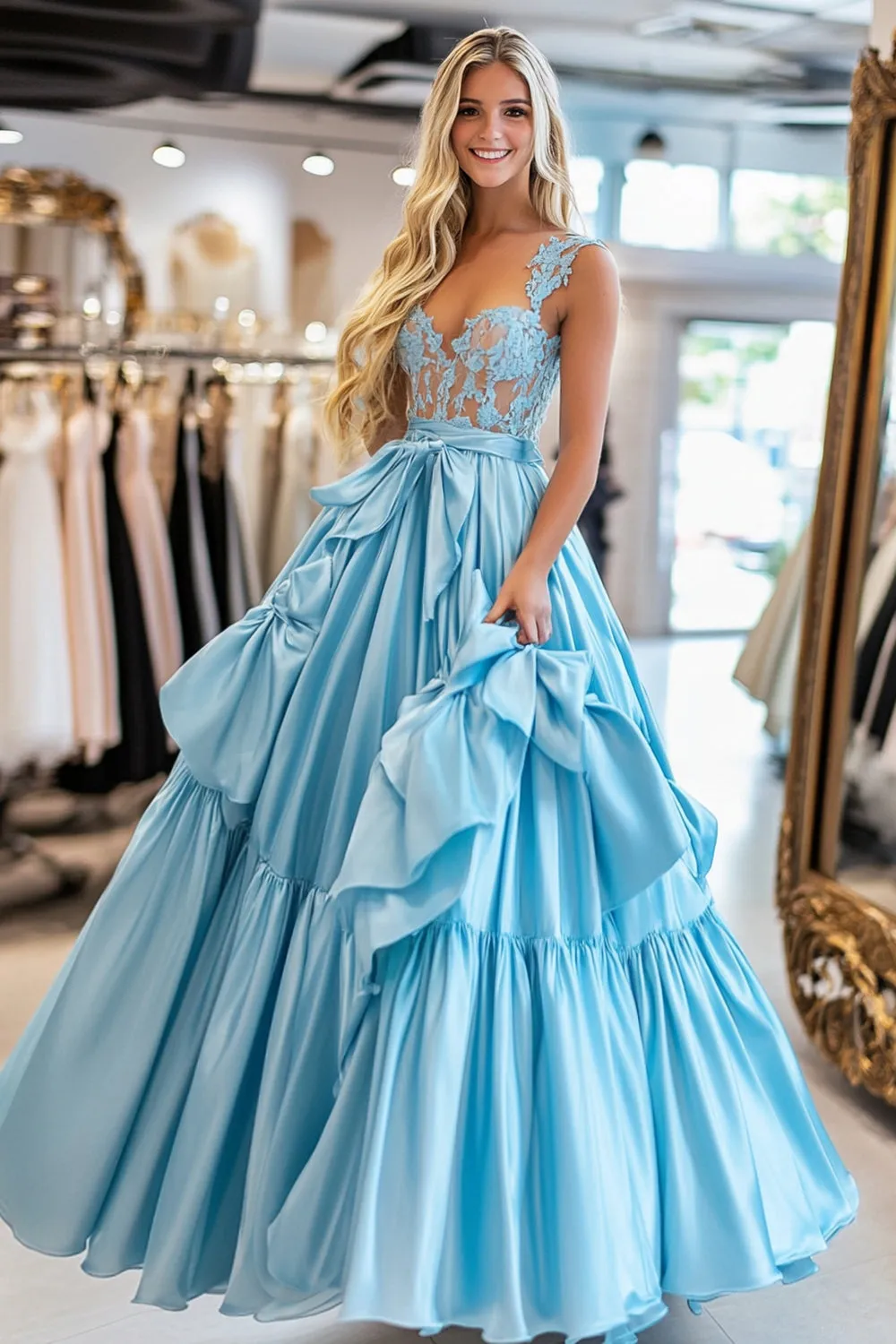 Queen Anne Sky Blue Ball Gown Sleeveless Long Prom Dress sold by Zapaka