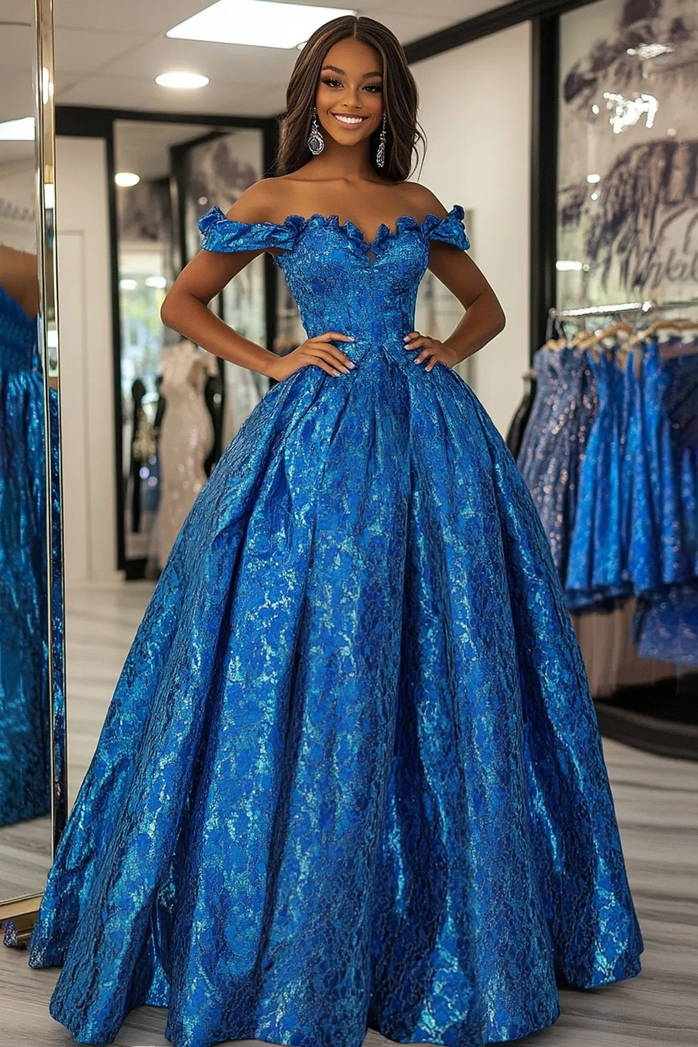 Off The Shoulder Ball Gown Royal Blue Corset Prom Dress sold by Zapaka