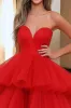 A Line Tiered Red Sweetheat Sleeveless Tulle Long Prom Dress sold by Zapaka