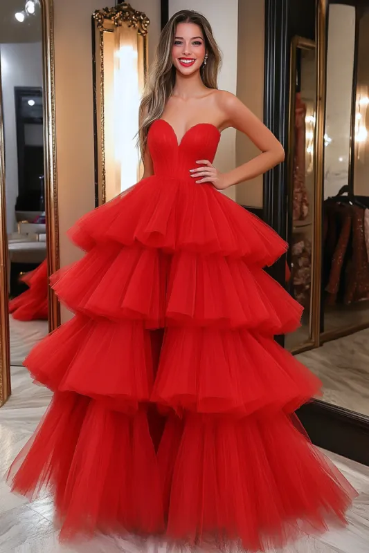 A Line Tiered Red Sweetheat Sleeveless Tulle Long Prom Dress sold by Zapaka