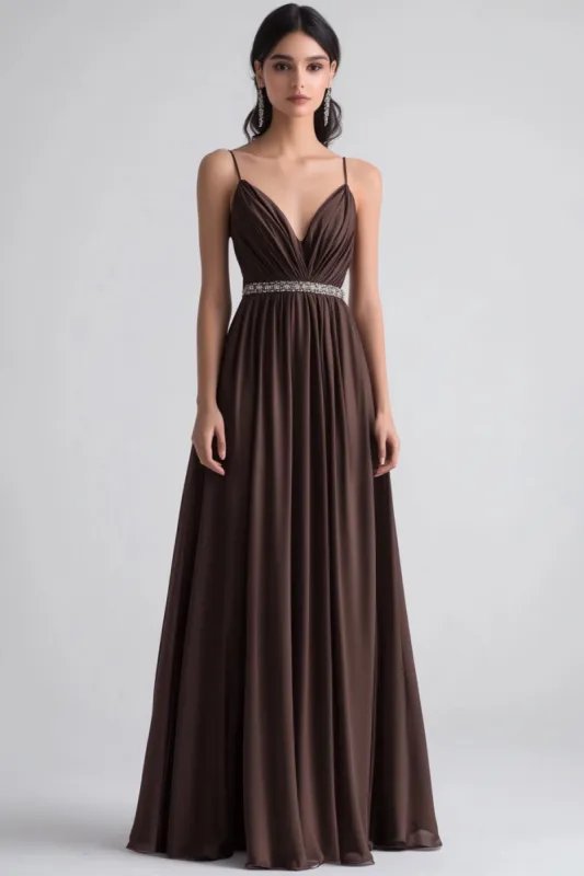 Coffee A Line Spaghetti Straps Ruched Formal Dress sold by Zapaka