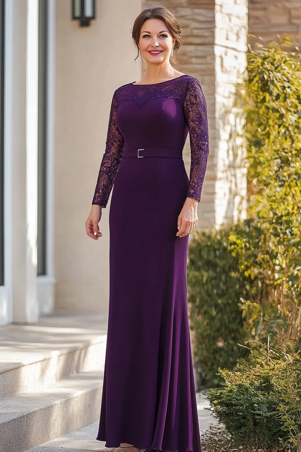 Lace 3/4 Sleeves Purple Sheath Length Belt Mother of the Bride Dress with Slit sold by Zapaka